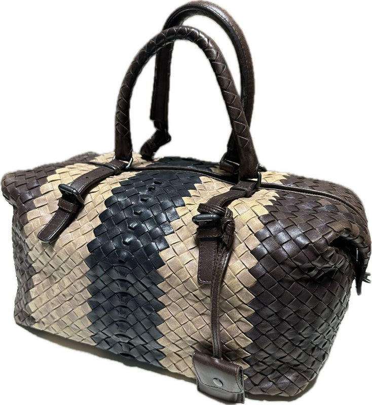 Bottega Veneta Boston Bag Handbag Woven Leather Beige Brown Black Multicolor