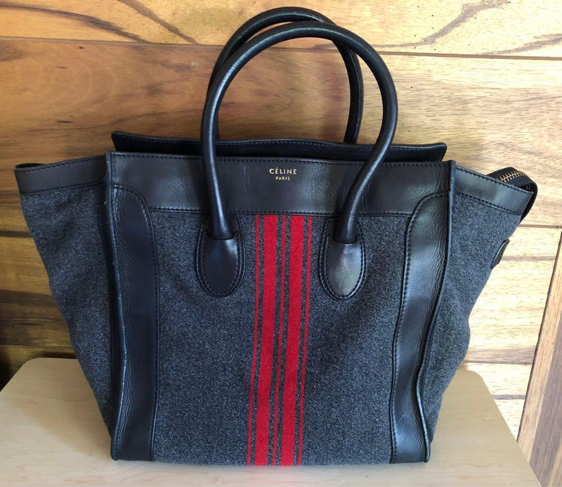 Celine Luggage Micro Shopper Handbag Felt Leather Black Gray Red