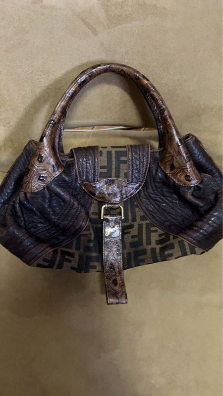 Fendi Zucchino Spy Bag Shoulder Handbag Canvas Leather Dark Brown
