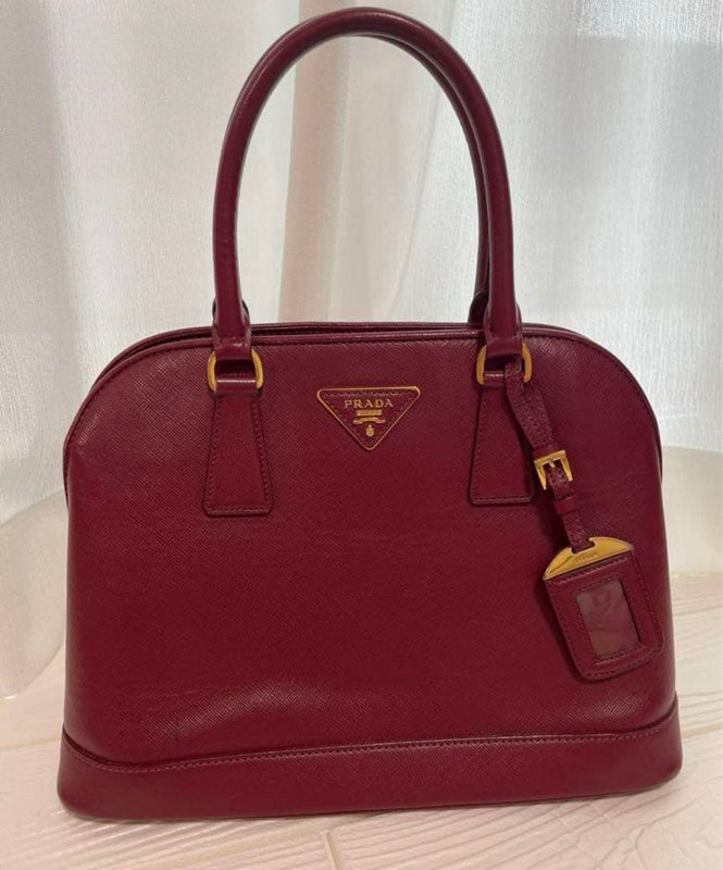 Prada Saffiano 2-Way Handbag Burgundy Leather Detachable Shoulder Strap