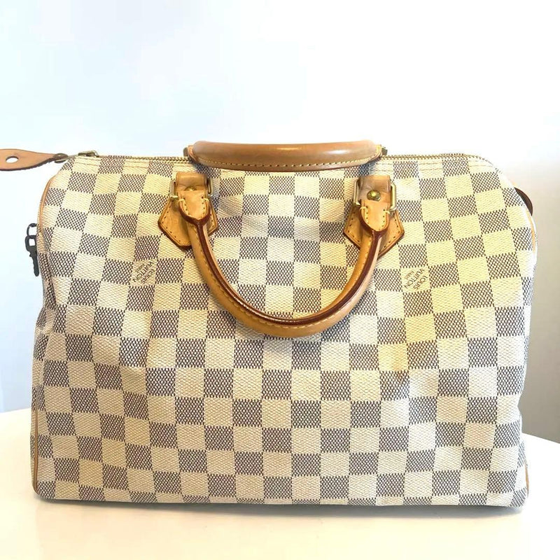 Louis Vuitton Damier Handbag Tote Bag Canvas Beige Brown Leather