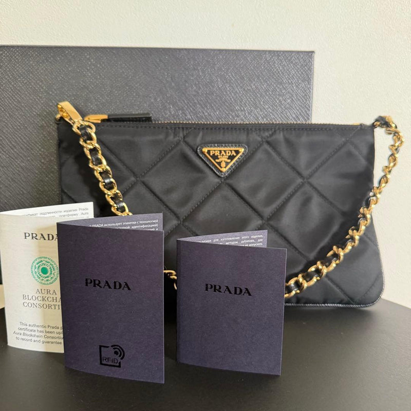 Prada Handbag Pouch Black Gold Leather