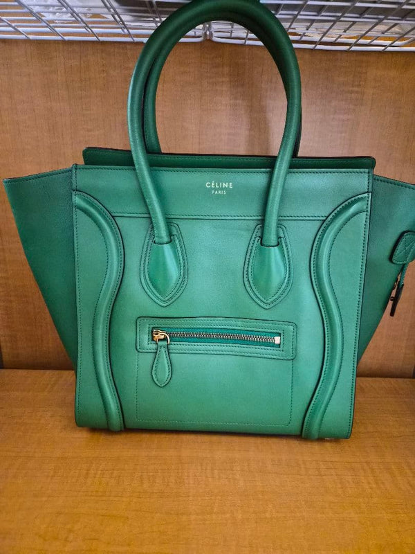 Celine Luggage Micro Tote Bag Leather Green Handbag Gold Hardware