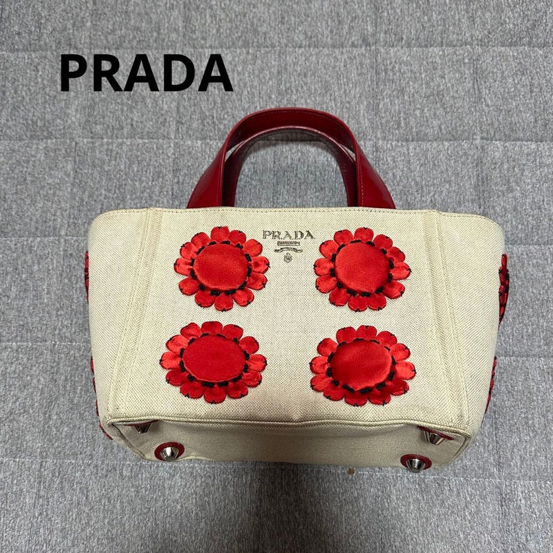 Prada Floral Motif Tote Bag Canvas Beige Red Handbag