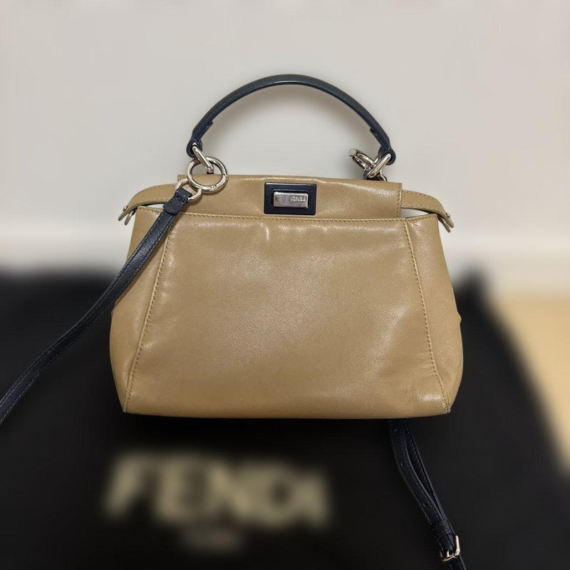 Fendi Mini Peekaboo Handbag Shoulder Bag Crossbody Leather Beige