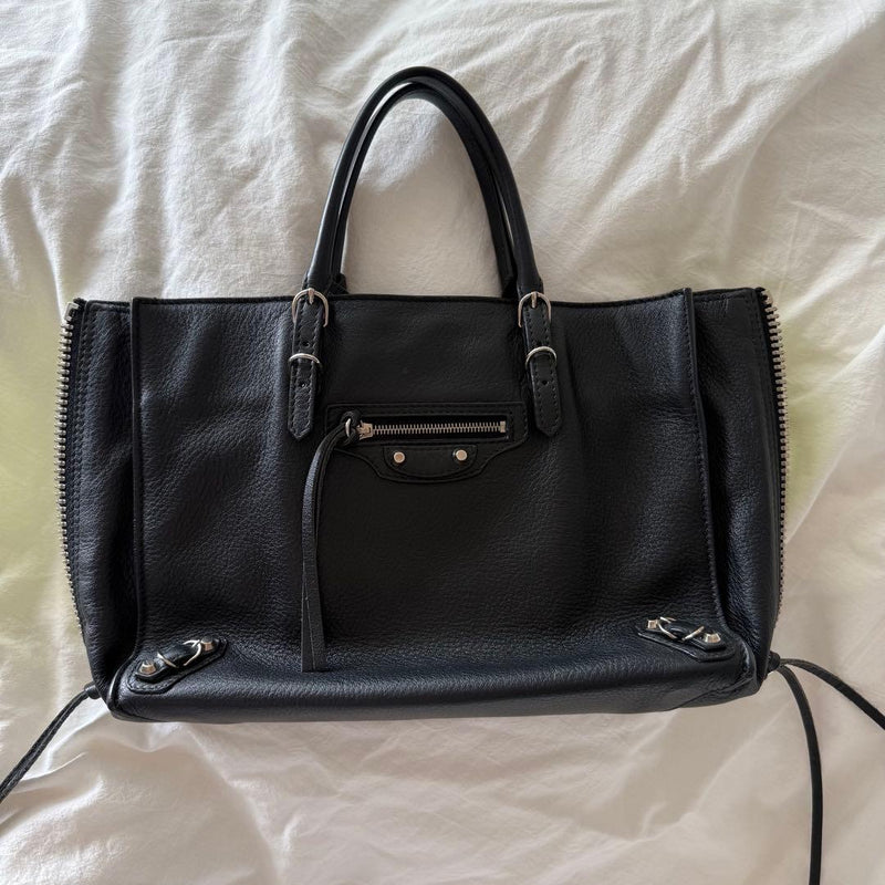 Balenciaga Paper Tote Bag Black Neon Yellow Leather Mirror