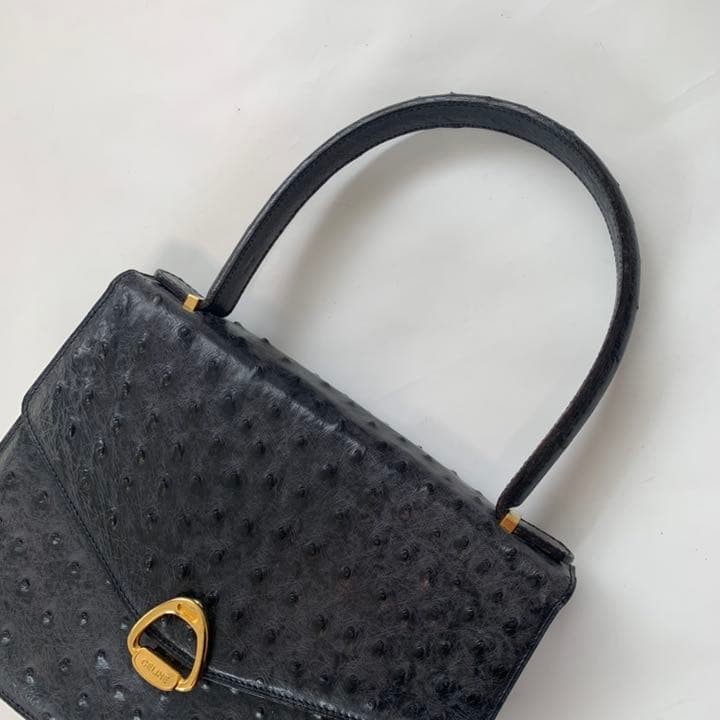 Celine Handbag Ostrich Leather Black Gold Hardware Womens