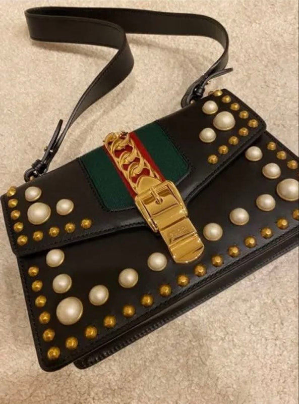 Gucci Sylvie Pearl Studded Handbag Shoulder Bag Black Synthetic Leather