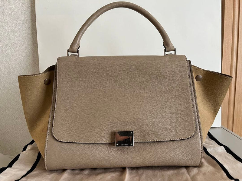 Celine Trapeze Handbag Shoulder Bag Beige Leather Suede