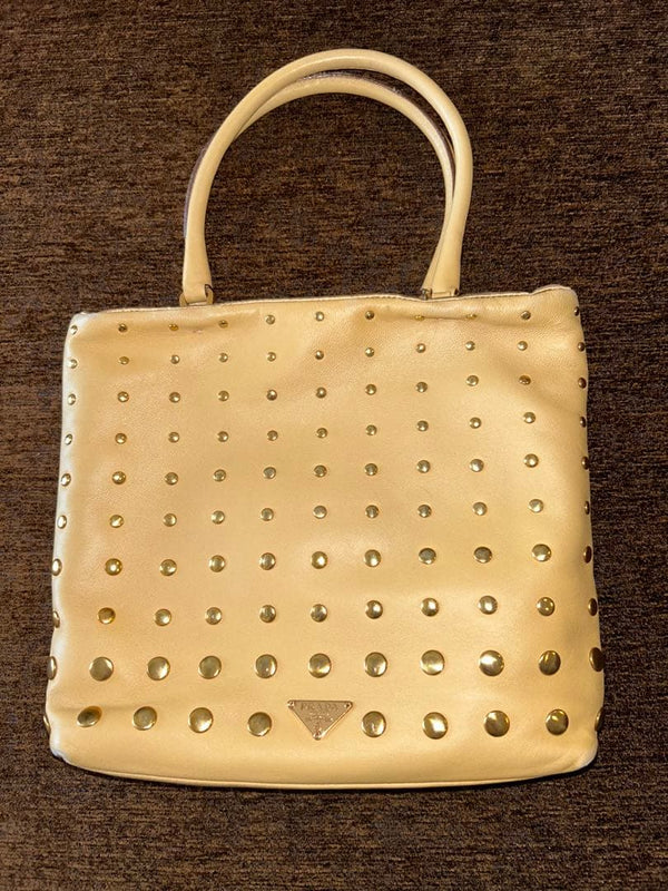 Prada Studded Handbag Tote Beige Leather Satin Interior