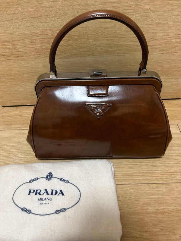 Prada Enamel Handbag Brown Purse Womens