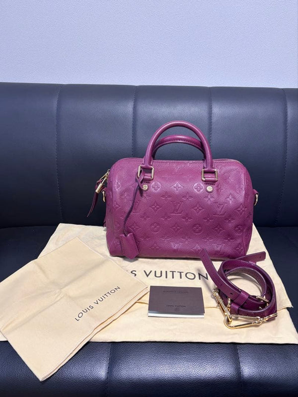 Louis Vuitton Monogram Empreinte Speedy Handbag Wine Red Leather Gold Hardware