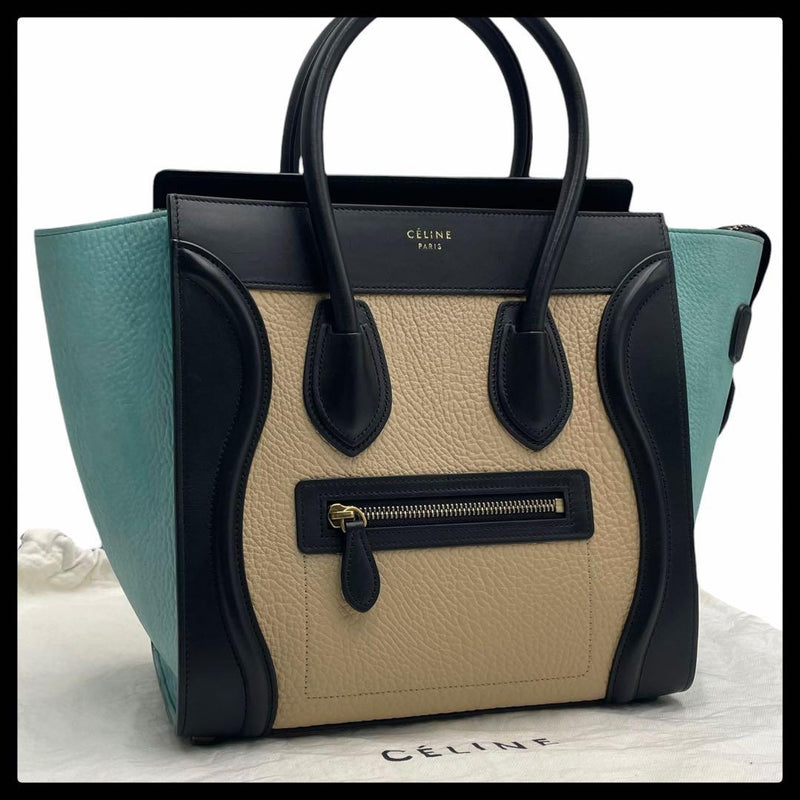 Celine Luggage Micro Shopper Handbag Leather Suede Light Blue Beige Cream Black
