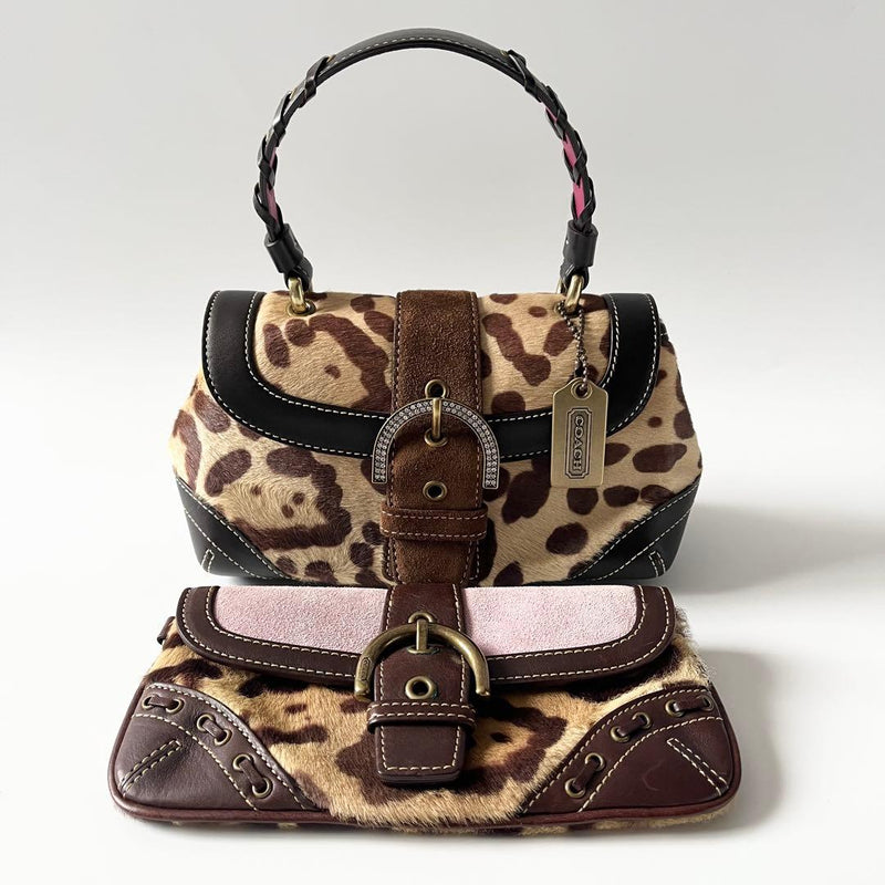 Coach 9754 Handbag Pony Hair Leather Leopard Print Brown Pouch