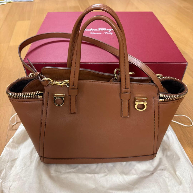 Salvatore Ferragamo Gancini Handbag Shoulder Bag Brown Leather Gold Hardware