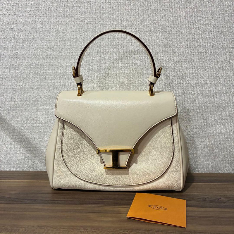 Tods TP41 Shoulder Handbag Smooth Leather Hammered Leather White