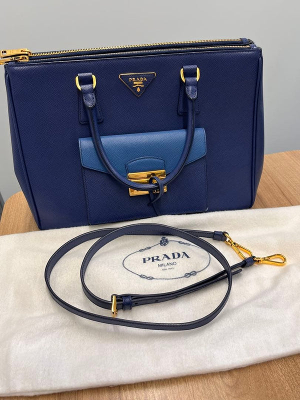 Prada Saffiano Leather 2way Handbag Shoulder Bag Navy Blue