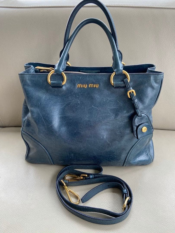 Miu Miu 2-Way Handbag Shoulder Bag Leather Navy