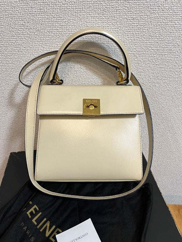 Celine Vintage Box Calf Leather 2way Handbag Shoulder Bag Milk White