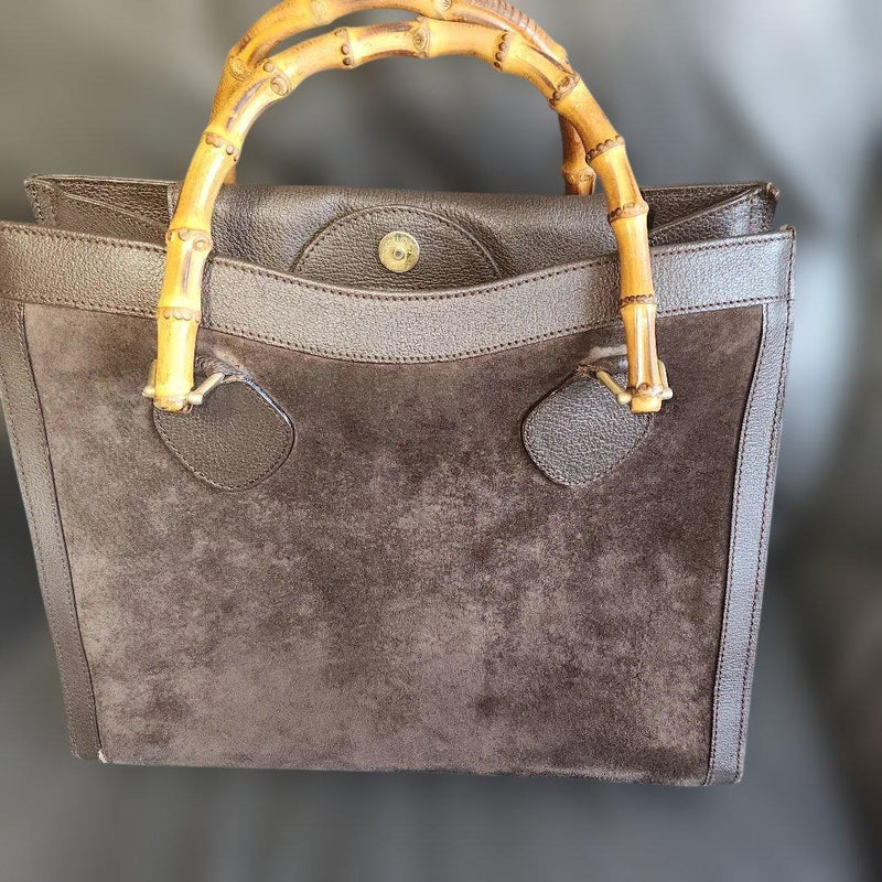 Gucci Bamboo Tote Bag Suede Dark Brown Leather Vintage