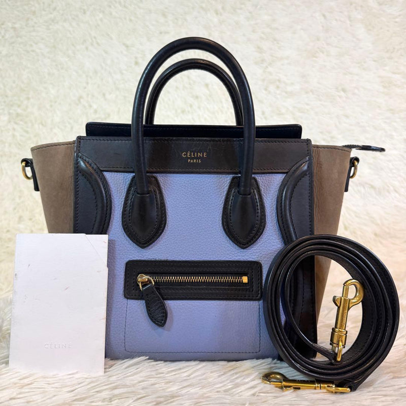 Celine Nano Shopper Luggage Handbag 2way Crossbody Shoulder Bag Leather Suede