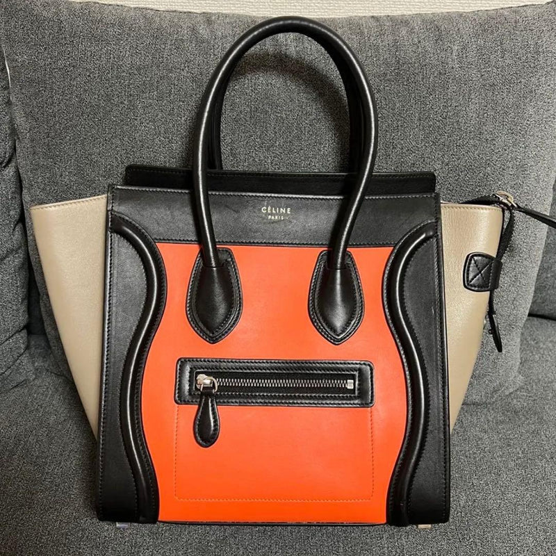 Celine Luggage Phantom Micro Tote Bag Leather Tricolor Orange Black Beige