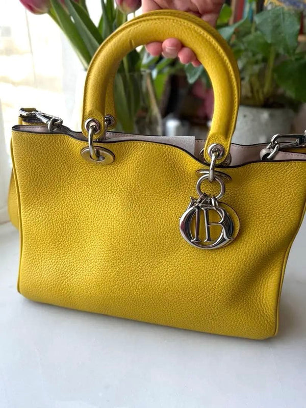 Christian Dior Diorissimo 2-Way Shoulder Bag Handbag Tote Yellow Leather