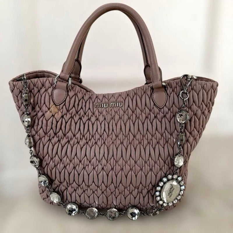 Miu Miu Matelasse Nappa Crystal Tote Hand Shoulder Bag Pink Beige