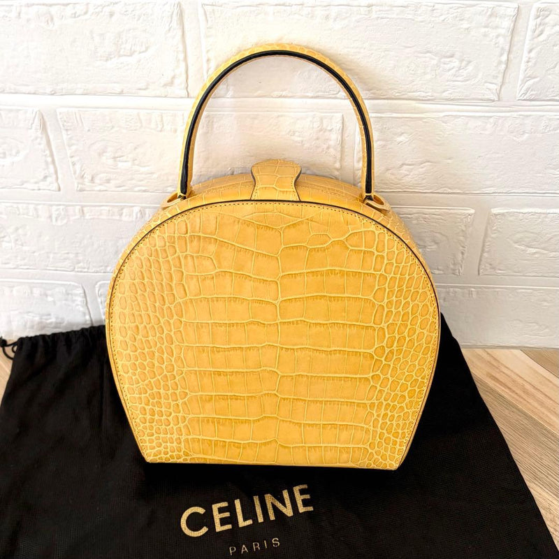 Celine Handbag Vanity Bag Crocodile Embossed Leather Yellow Gold Hardware