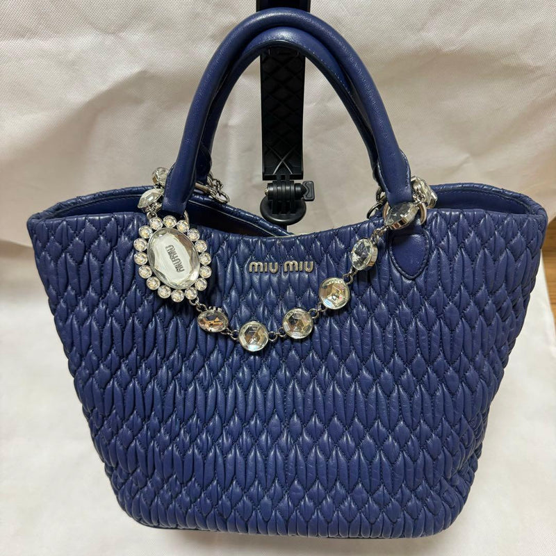Miu Miu Nappa Crystal Shoulder Bag Crossbody Handbag Navy Leather