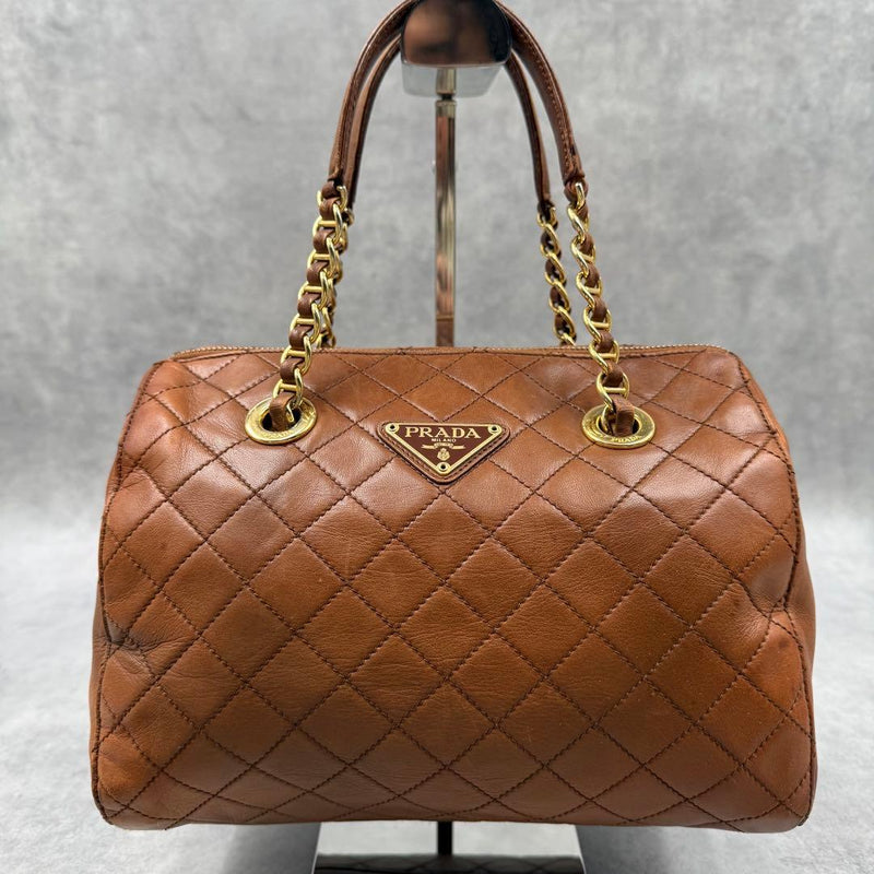 Prada Triangle Logo Quilted Chain Handbag Shoulder Bag Leather Brown