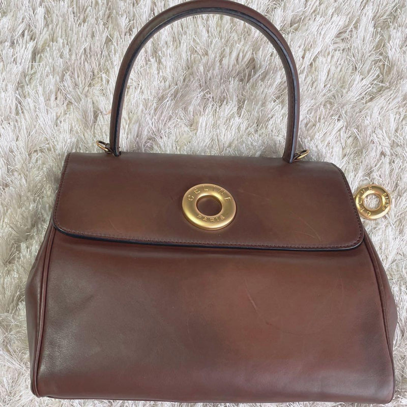 Celine Handbag Brown Leather Gold Ring Clasp Gold Hardware