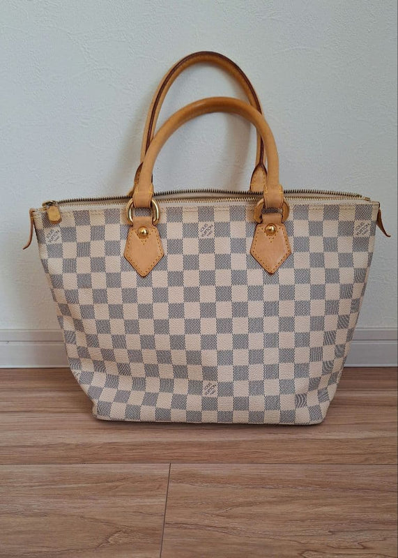 Louis Vuitton Damier Azur Pm Handbag Canvas Leather Beige White Gold Hardware