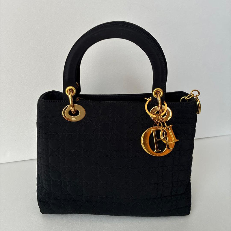 Christian Dior Lady Dior Cannage Mini Tote Handbag Nylon Black Gold Hardware