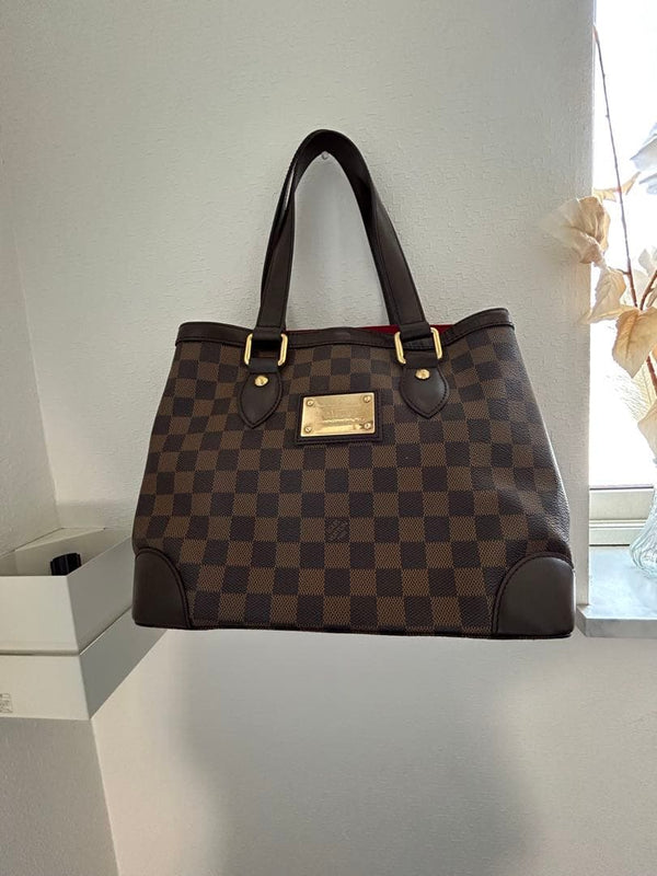 Louis Vuitton Hampstead Pm Handbag Damier Canvas Brown Leather Red Interior