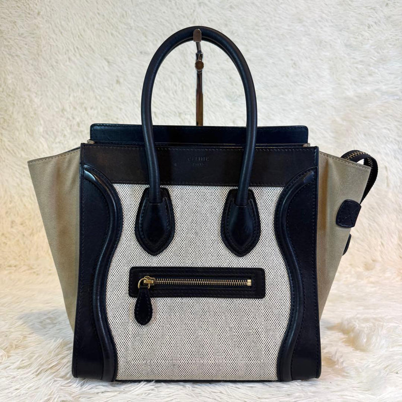 Celine Luggage Micro Shopper Handbag Suede Canvas Leather Tote