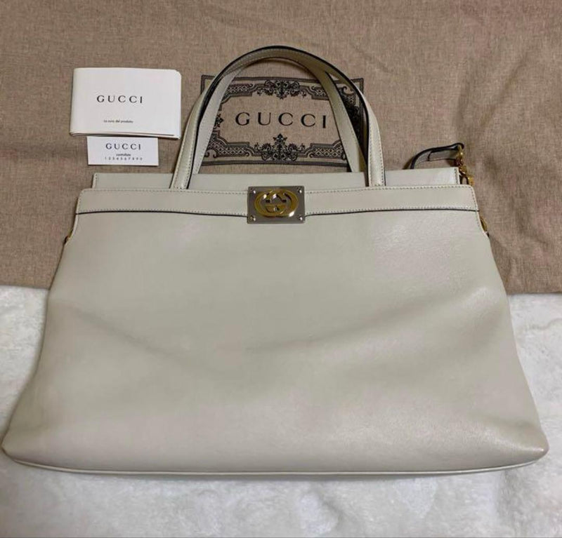 Gucci Double G 2-Way Shoulder Handbag Leather White Crossbody Bag