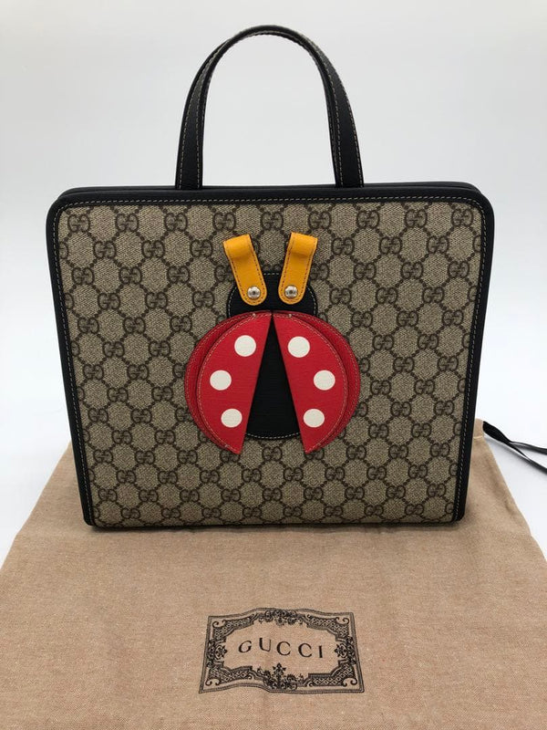 Gucci Ladybug Design Handbag Tote Canvas Leather Beige Brown