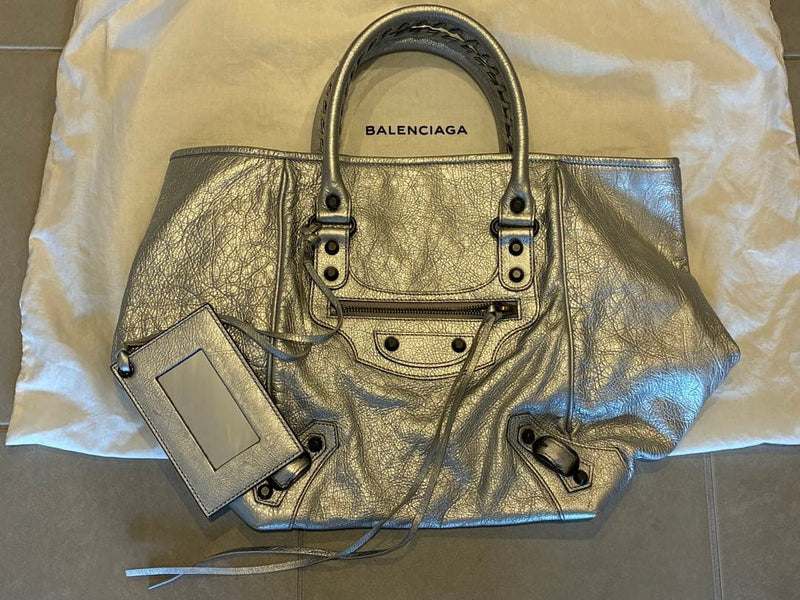 Balenciaga Sunday Handbag Tote Silver Leather Braided Handles Zipper Pockets