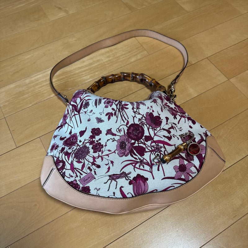 Gucci Bamboo Handbag Shoulder Bag Floral Print Canvas Leather