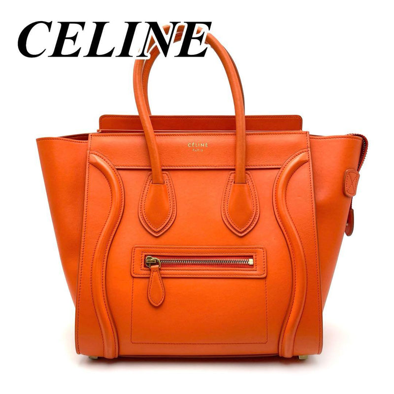 Celine Luggage Micro Shopper Handbag Tote Leather Orange Brown
