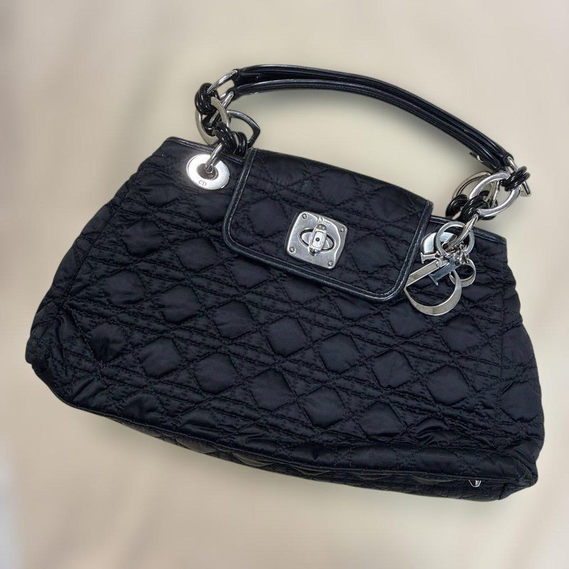 Dior Cannage Quilted Handbag Black Leather