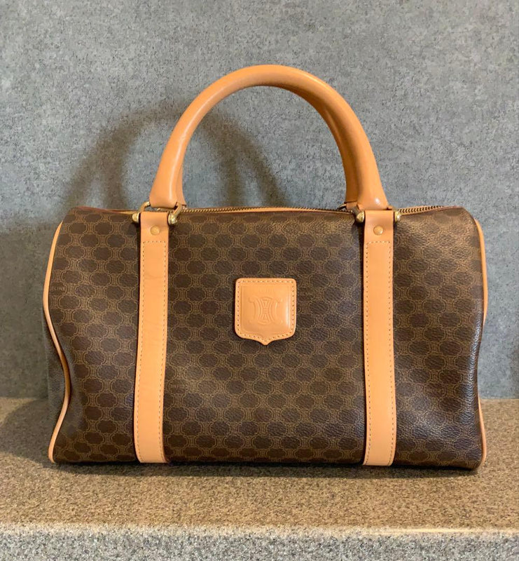 Celine Macadam Boston Bag Handbag Brown Leather