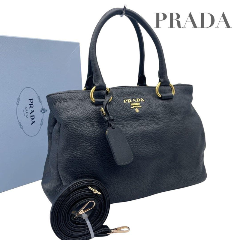 Prada Vitello Daino 2WAY Tote Shoulder Bag Black Leather Gold Hardware