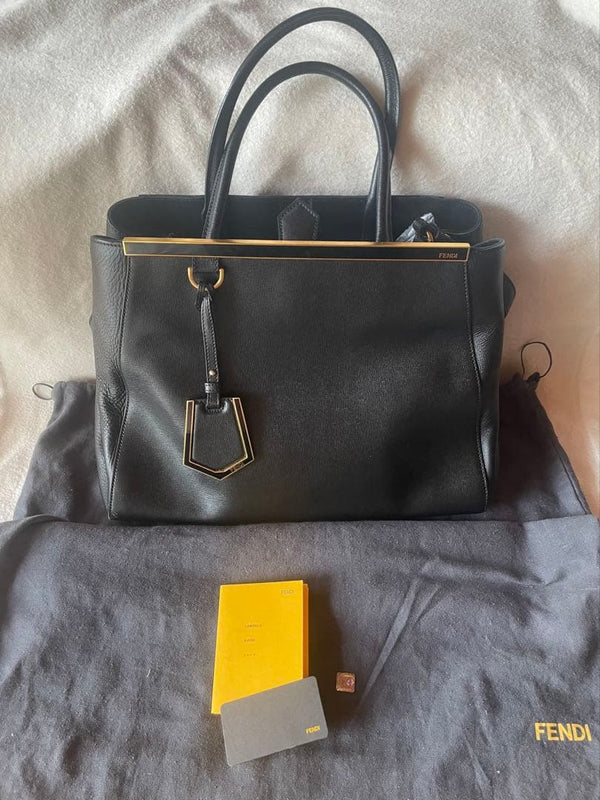 Fendi Deux Jours 2-Way Tote Shoulder Bag Leather Black Gold Hardware