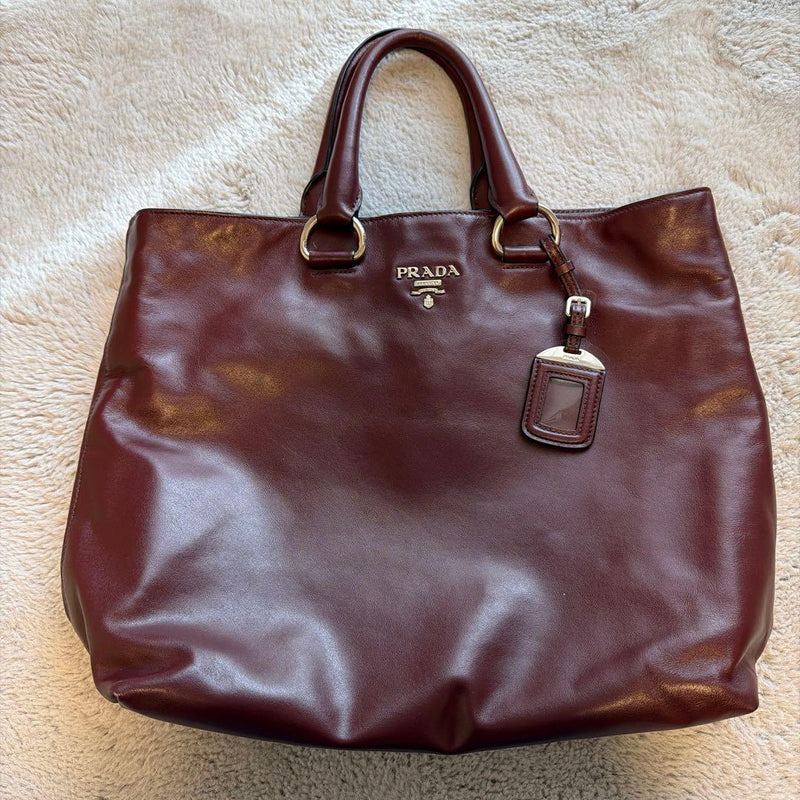 Prada Tote Bag Burgundy Leather Handbag Shoulder Purse
