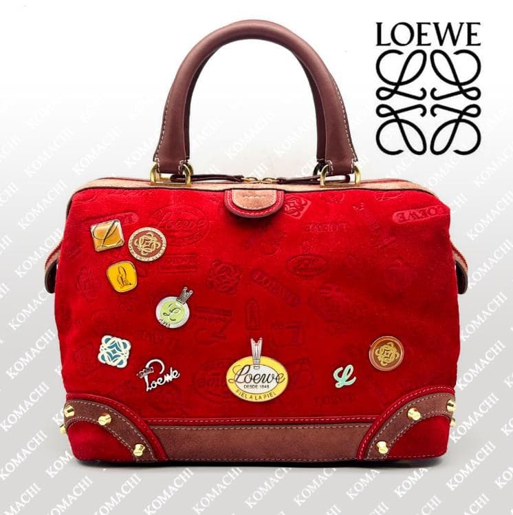 Loewe 160 Anniversario Mini Boston Handbag Red Brown Suede Gold Hardware