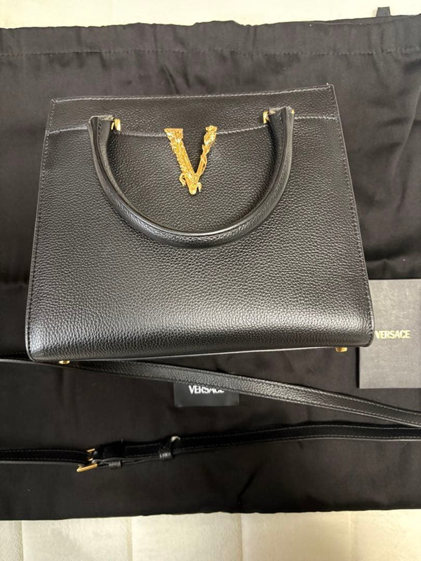 Versace V Logo Handbag Black Leather