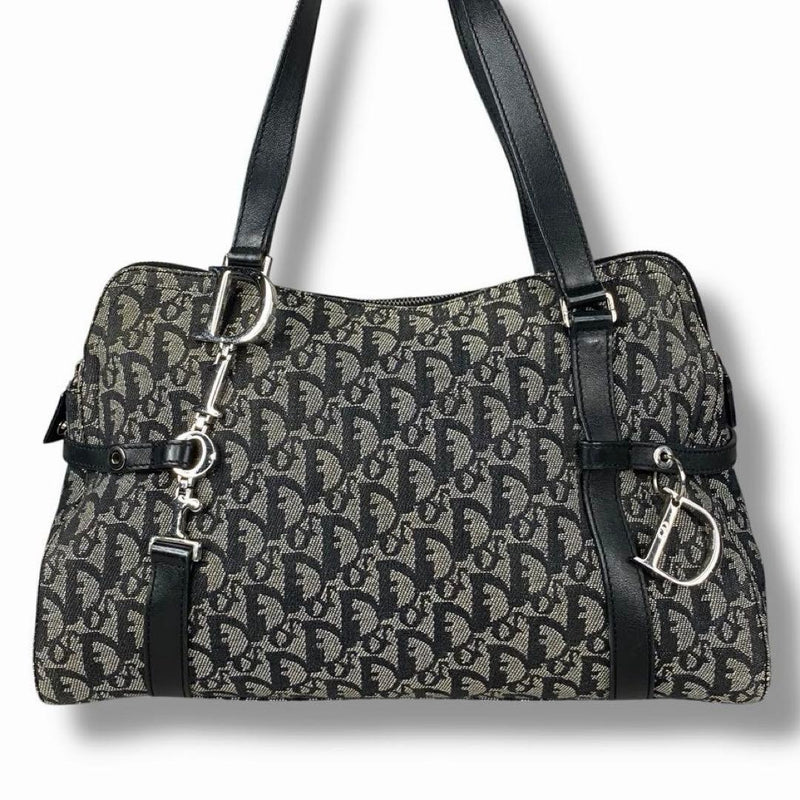 Dior Trotter Handbag Canvas Leather Navy Logo Hardware Charm