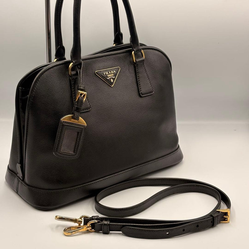 Prada Saffiano Promenade BL0837 2WAY Handbag Black Leather Shoulder Bag